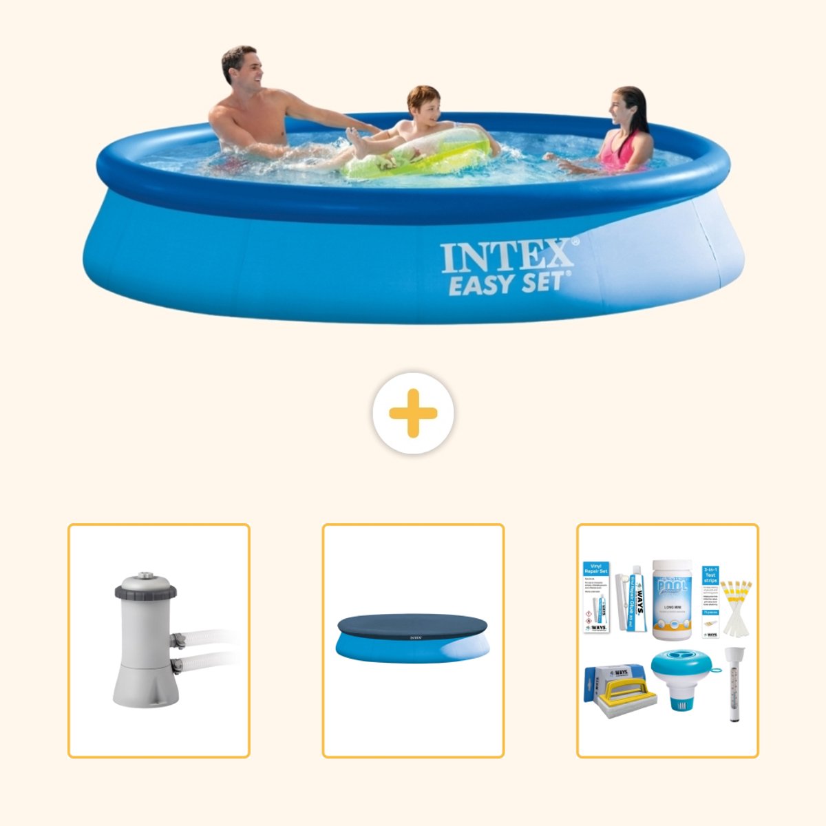 Intex Rond Opblaasbaar Easy Set Zwembad - 366 x 76 cm - Blauw - Inclusief Pomp - Afdekzeil - Onderhoudspakket - 4-delig
