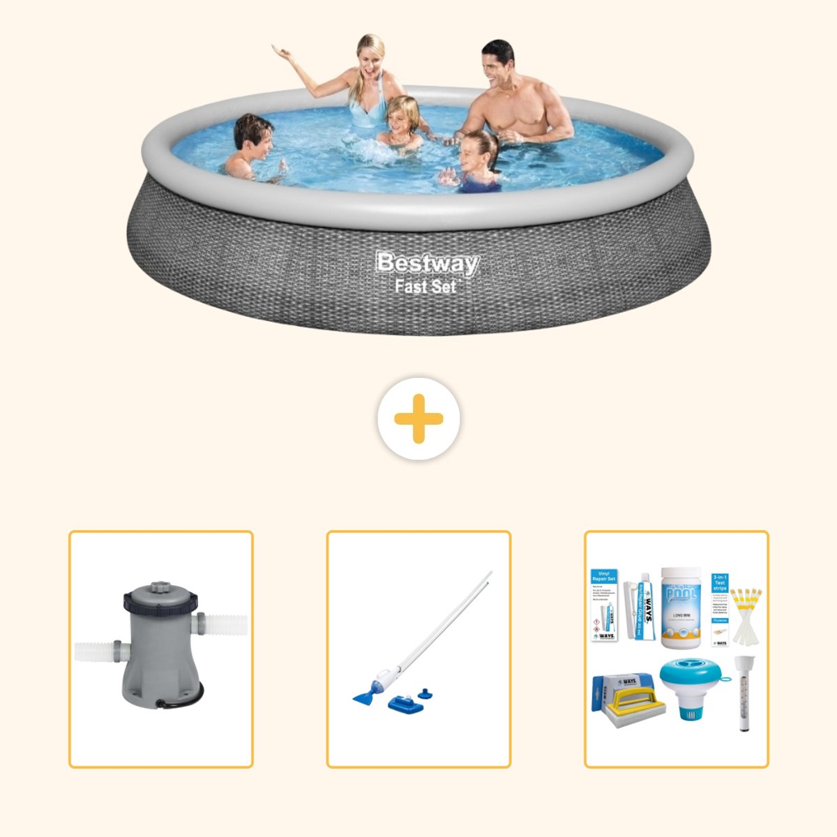 Bestway Rond Opblaasbaar Fast Set Zwembad - Rotanprint - 396 x 84 cm - Inclusief Pomp - Stofzuiger - Onderhoudspakket - 4-delig