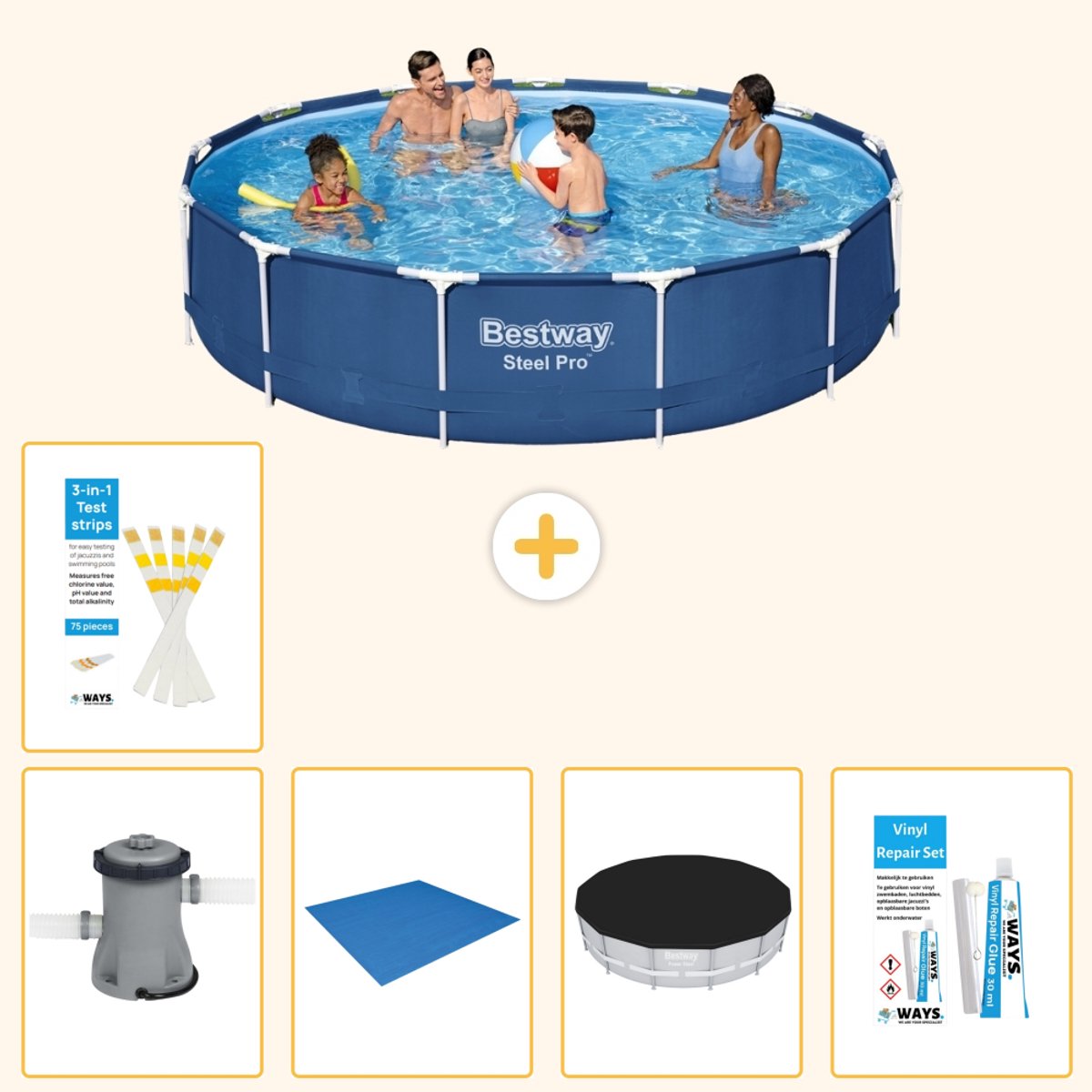 Bestway Rond Steel Pro Zwembad - 396 x 84 cm - Blauw - Inclusief Pomp - Grondzeil - Afdekzeil - Reparatiesetje - Testrips - 6-delig