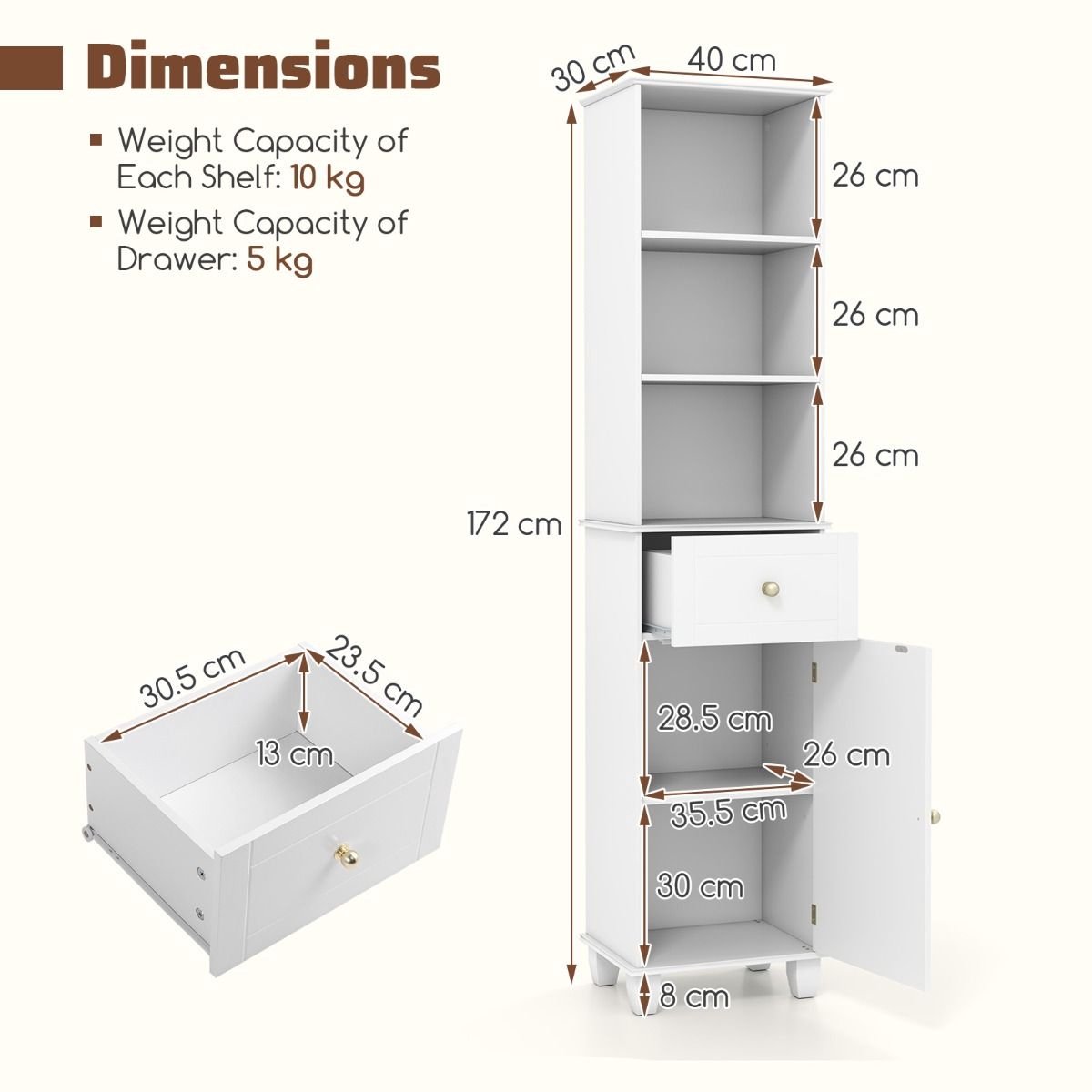 SureDeal® - Badkamerkast - Hoge Smalle Staande - Open Planken Opbergmeubel - 40x30x172 cm 