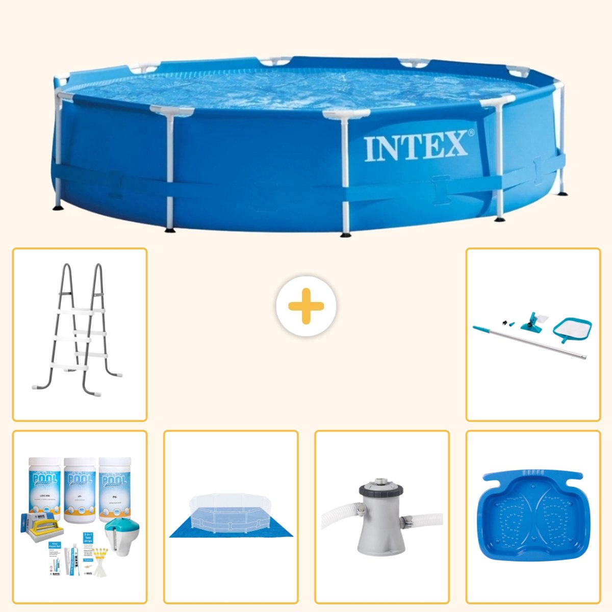Intex Rond Frame Zwembad - 305 x 76 cm - Blauw - Inclusief Onderhoudspakket - Grondzeil - Zwembadfilterpomp - Voetenbad - Ladder - Schoonmaakset - 7-delig