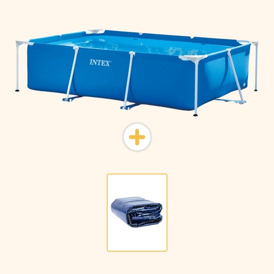 Blauw Intex rechthoekig frame zwembad (300x200x75 cm) met bijpassend blauw opgevouwen solarzeil.