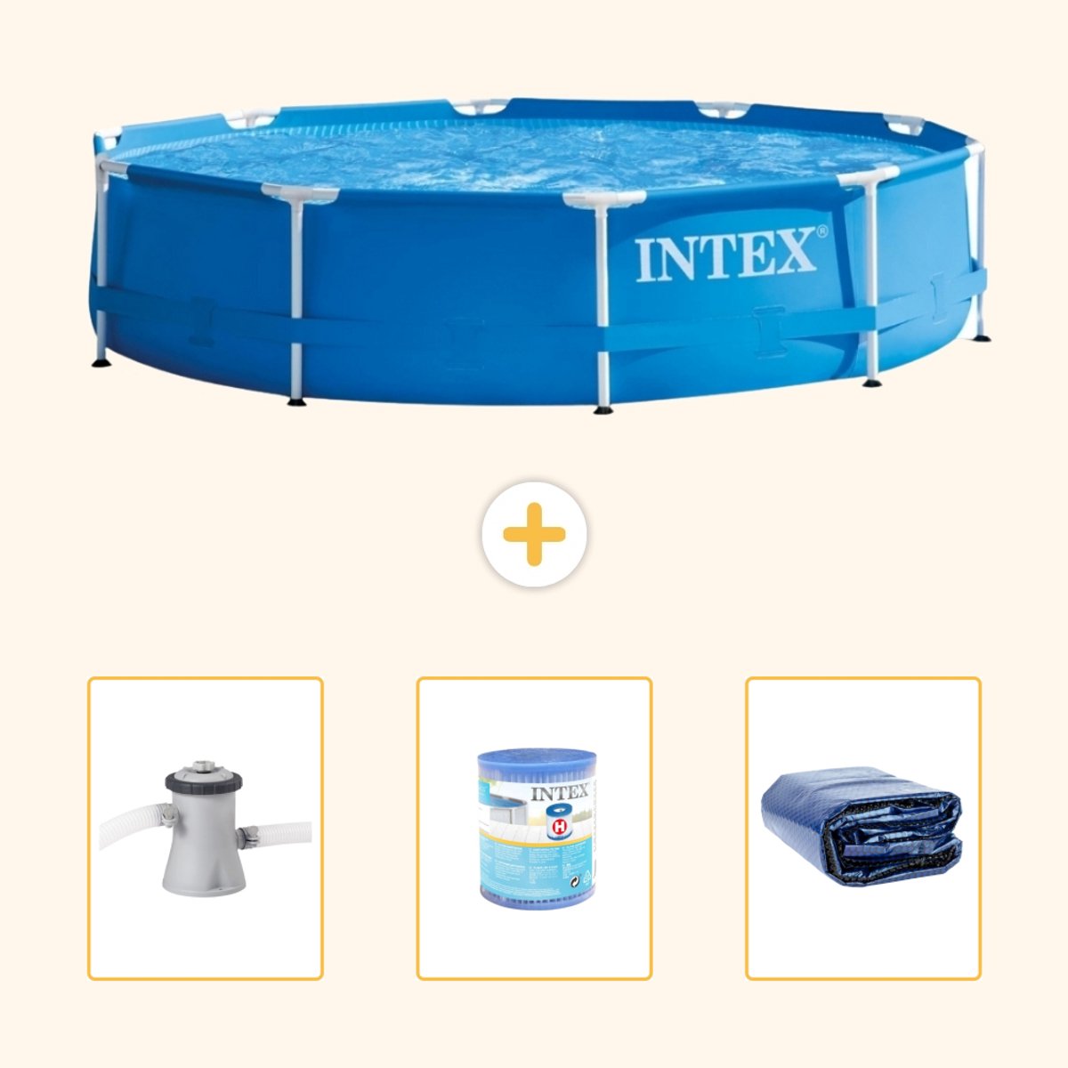 Intex Rond Frame Zwembad – 305 x 76 cm – Blauw – Inclusief Zwembadfilterpomp – Filter – Solarzeil – 4-delig