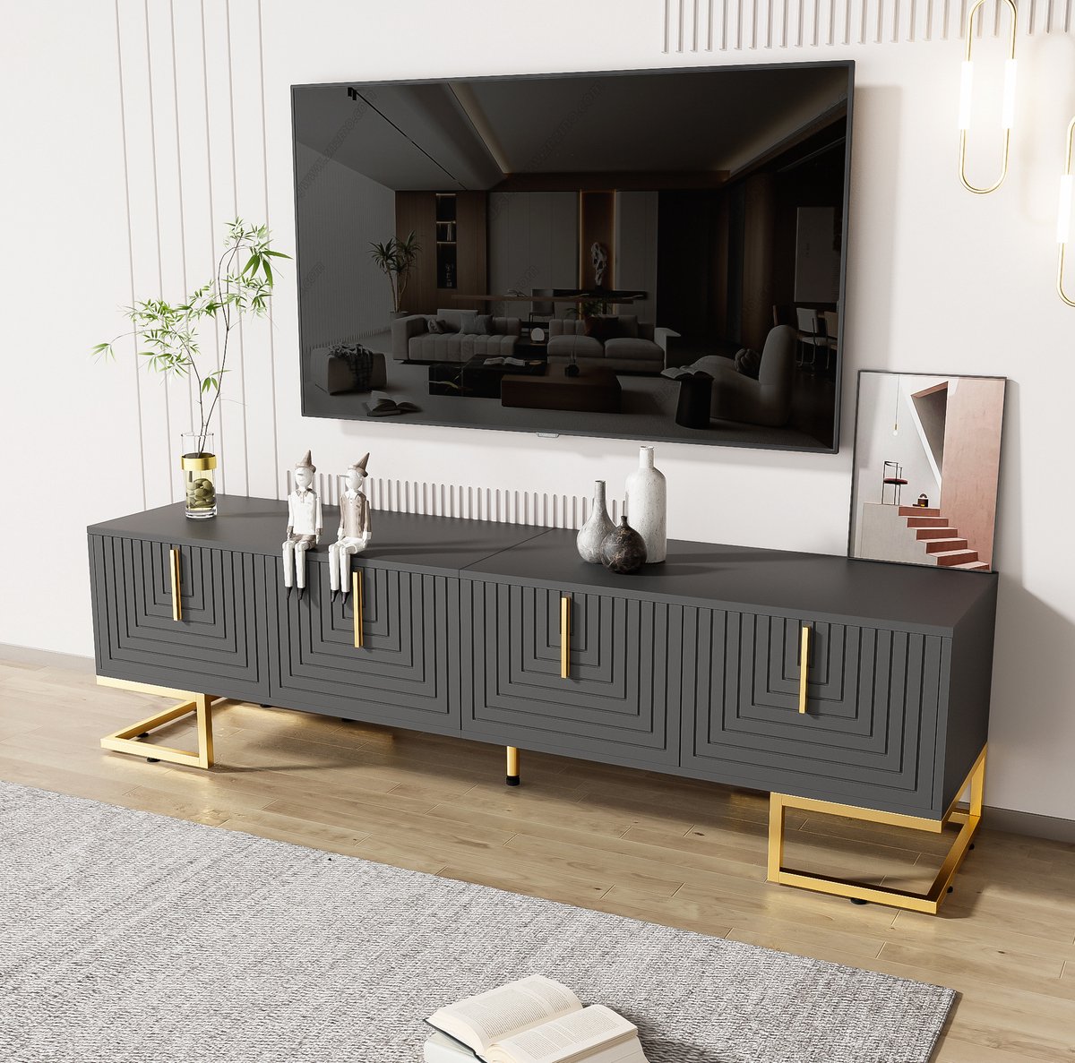 COVREO TV meubel 170 x 40 x 45,5 cm - 4 deuren, grauschwarz, gouden handgrepen Grijs