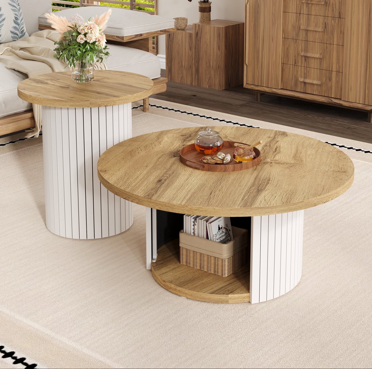 COVREO Salontafel set van 2 rond 75 x 75 x 50 cm + 45 x 45 x 35 cm - naturel, MDF