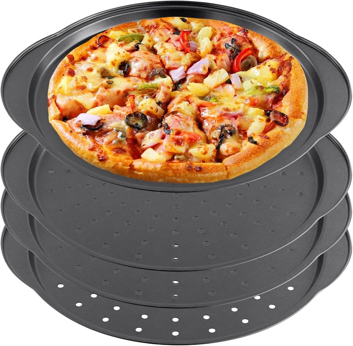 Ronde Pizza Plate van 32 cm met Handvat en Gaten, Perforated Carbon Staal voor Perfecte Pizza's en Bakresultaten