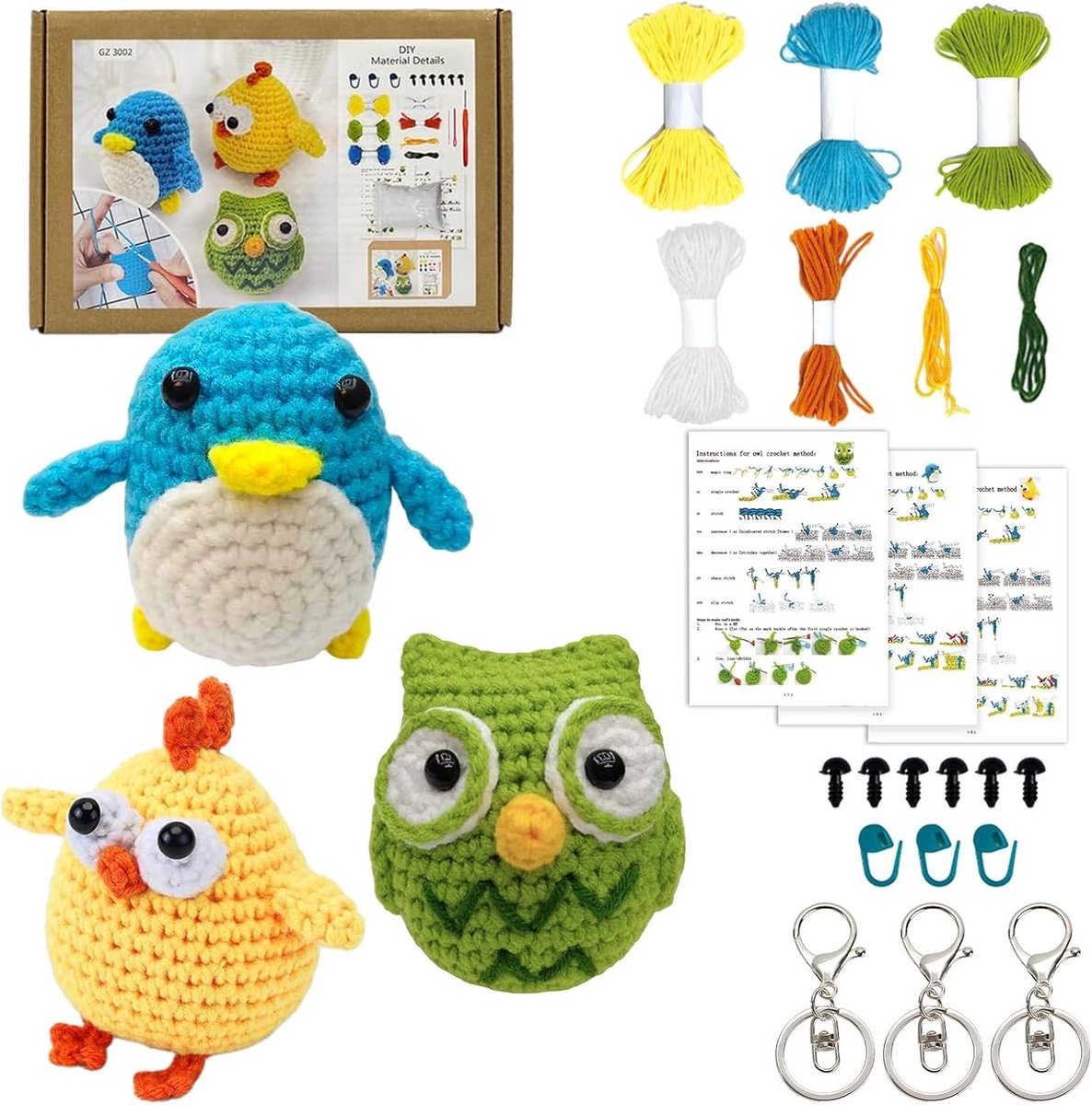 Beginner Dierlijke Haakset voor Kinderen en Volwassenen - Inclusief Haaknaalden, Garens en Video-instructies voor Pinguïn, Kuiken en Uil Creaties