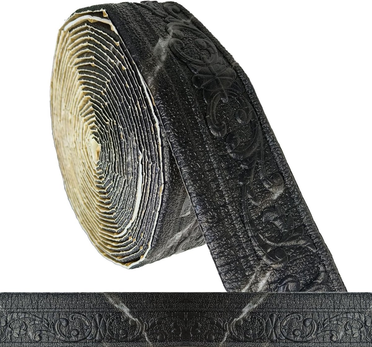 3D Stucco Moulding Wandafwerking - Zelfklevende Waterdichte Rand, Hoekband en Plafonddecoratie - 10m x 8cm x 5mm, Zwart
