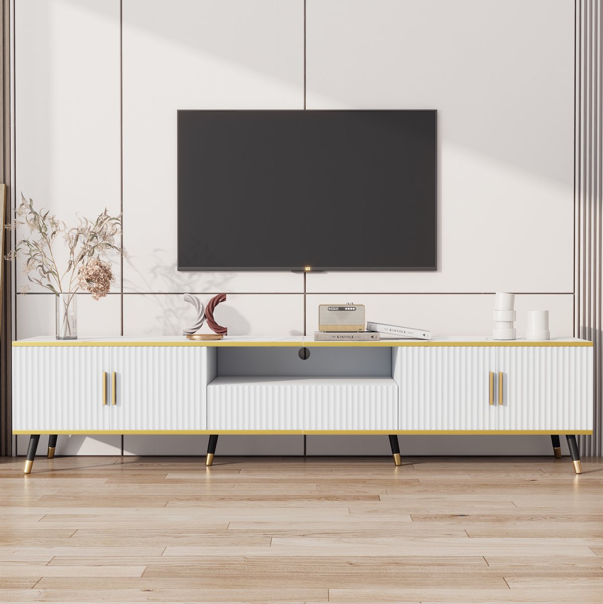 COVREO TV meubel 200 x 40 x 46 cm - 2 deuren, 1 lade, kabelmanagement, wit