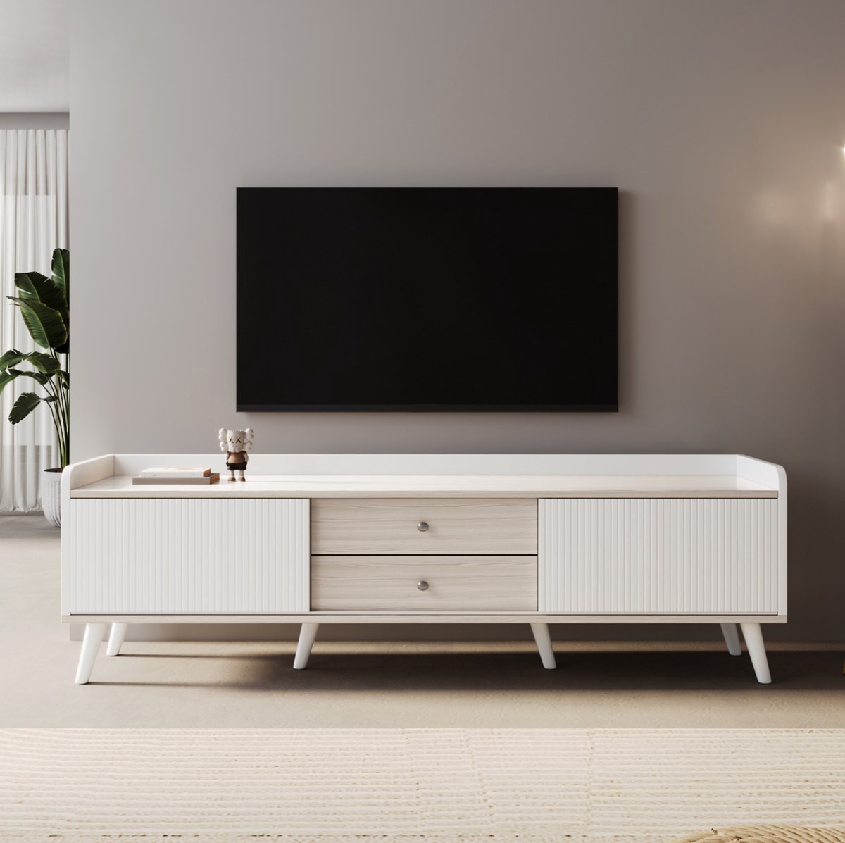 COVREO tv meubel 160 x 40 x 58 cm - 2 schuifdeuren, 2 lades, wit en houtkleur