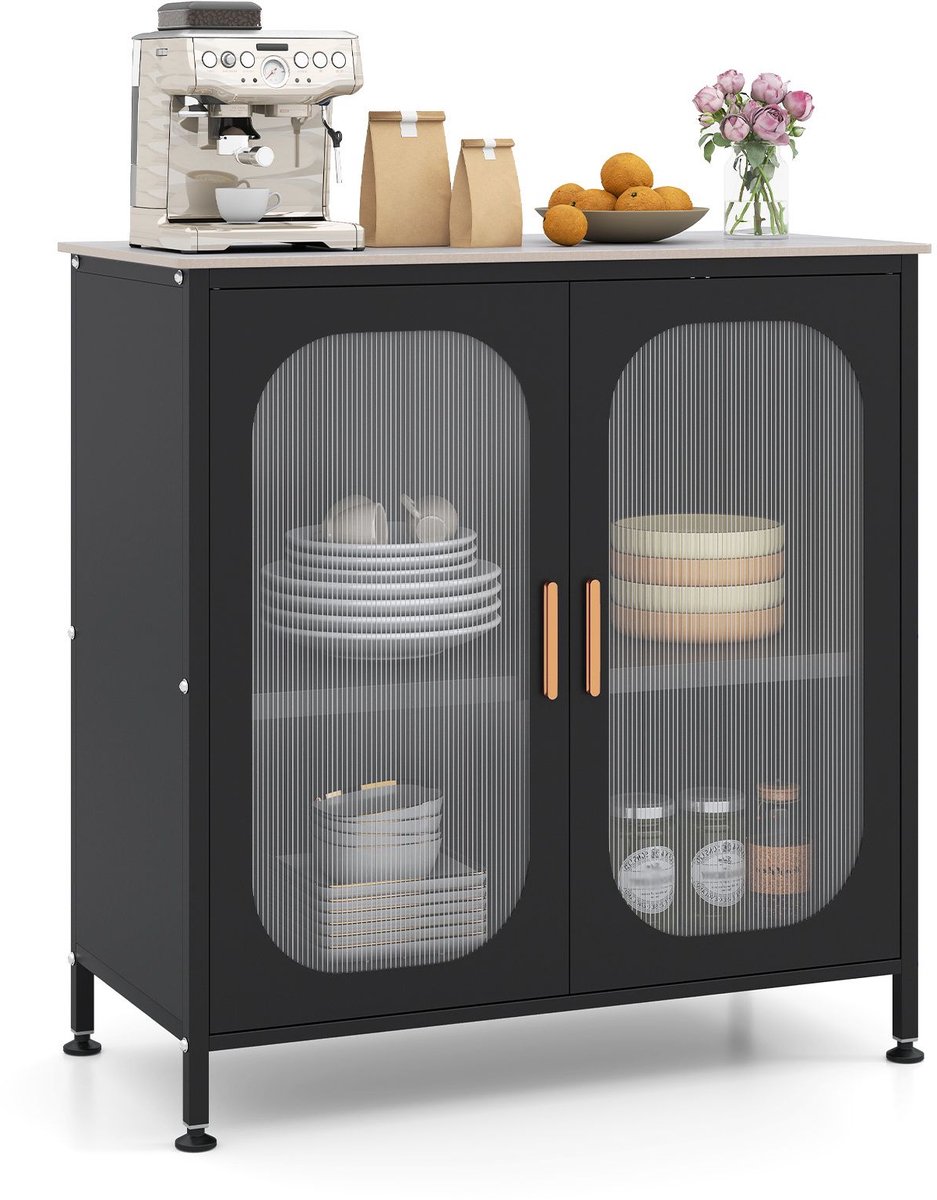 COSTWAY Sideboard met dubbele deur, commode met verstelbare plank (zwart) | Buffetkast keukenkast, kast modern, opbergkast van koolstofstaal en gesinterde steen, 83 x 42 x 85,5 cm