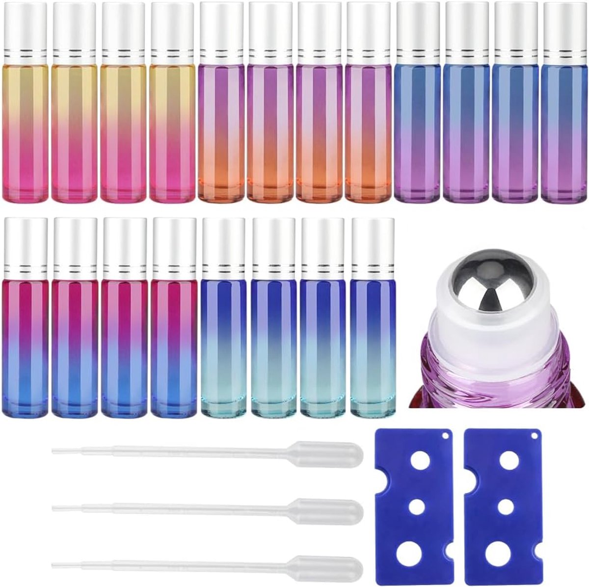 Thijox - Etherische Olie Rollerball Flessen 10ml Set - 20 Stuks - Kleurige Rollerflessen met Roestvrijstalen Ballen - Extra Dikke Flessen met Druppela
