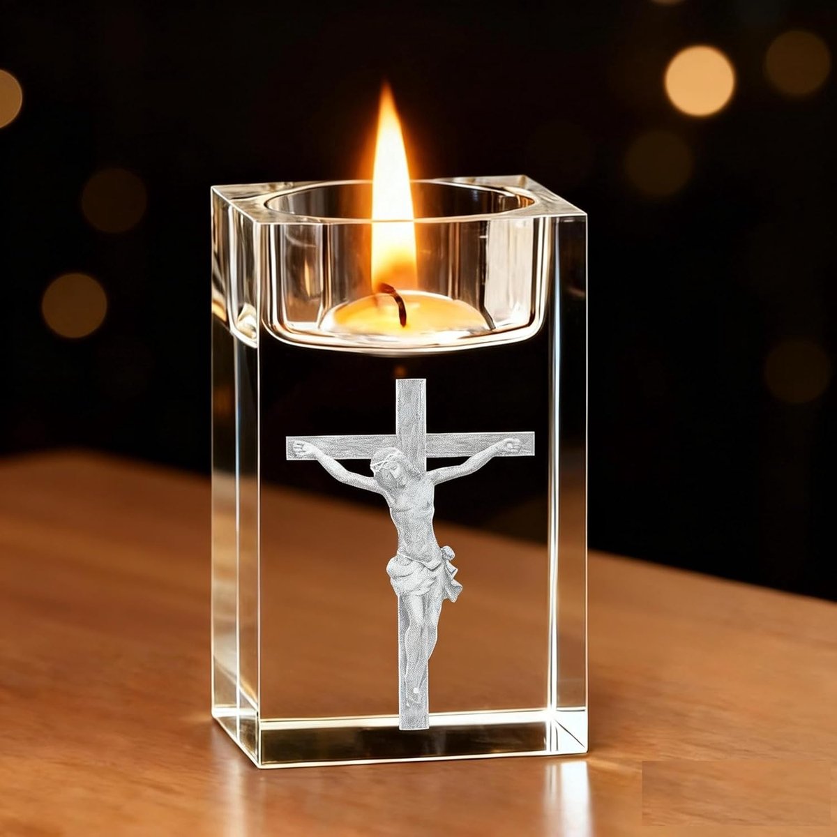 Thijox - 3D Kristalglas Theelichthouder Jezus Kandelaar - Transparante K9 Kristalglas Kaarshouder voor Bruiloft, Jubileum, Verjaardag, Kerk en Gebed