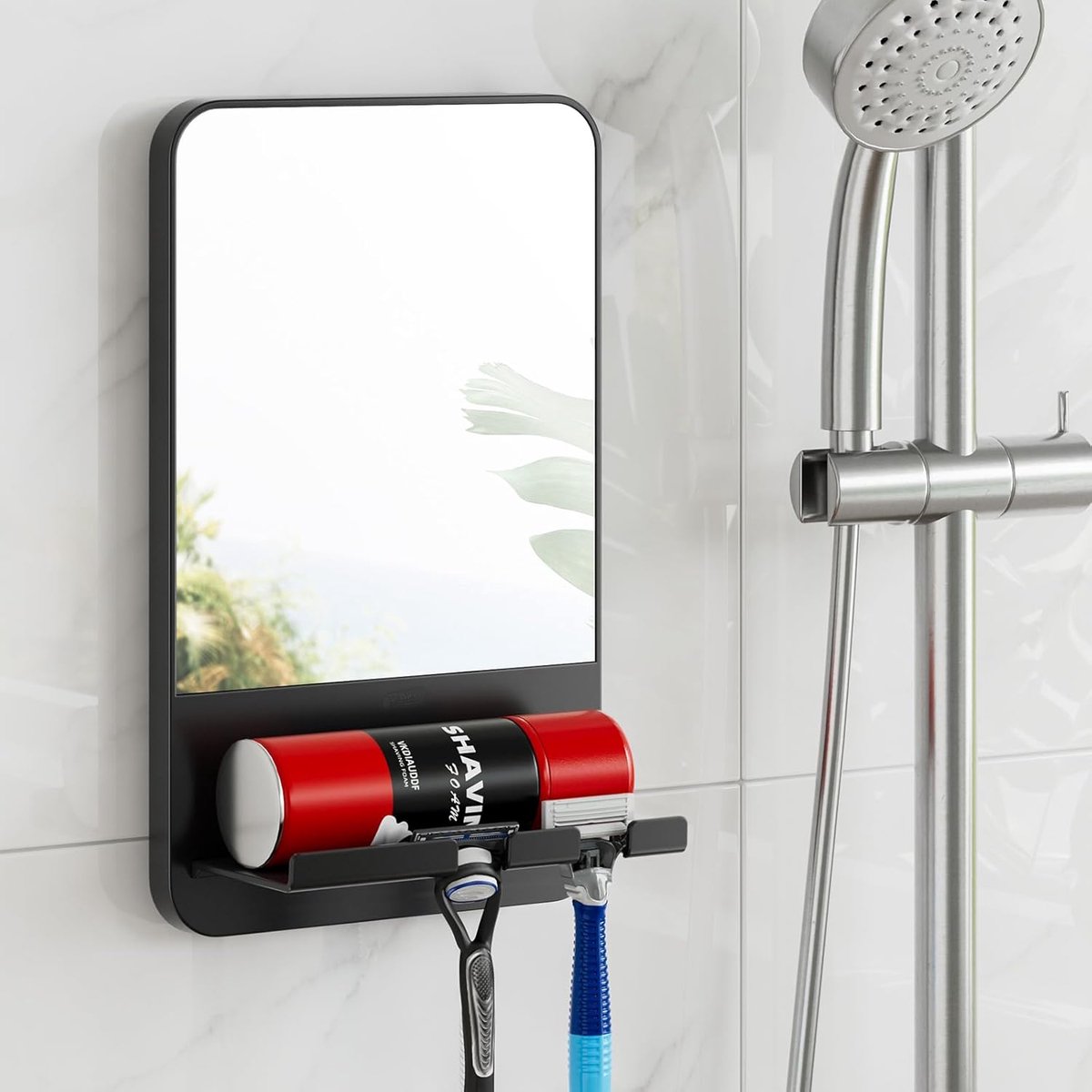 Thijox - Douche-scheerspiegel Anti-Condens, Mistloze Badspiegel met Houder, Wandmontage, Verwijderbaar en Onbreekbaar, Zwart, Perfect voor Badkameracc