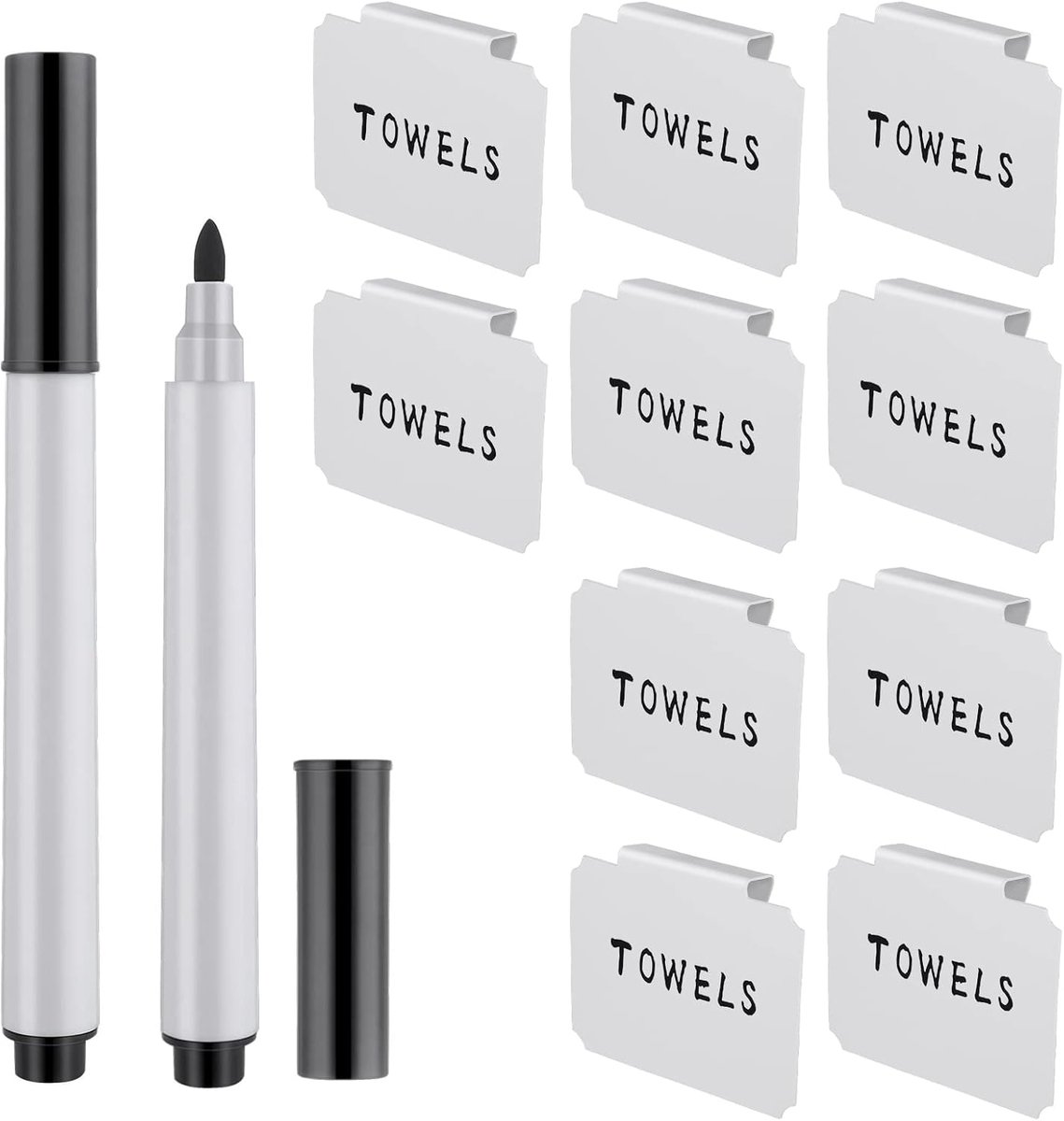 Thijox - 12 Stuks Mand Etiketten Clip op Set - Keuken Clip Label Houder - Verwijderbare Voorraadkast Mand Etiketten - Inclusief 2 Zwarte Krijtmarkers