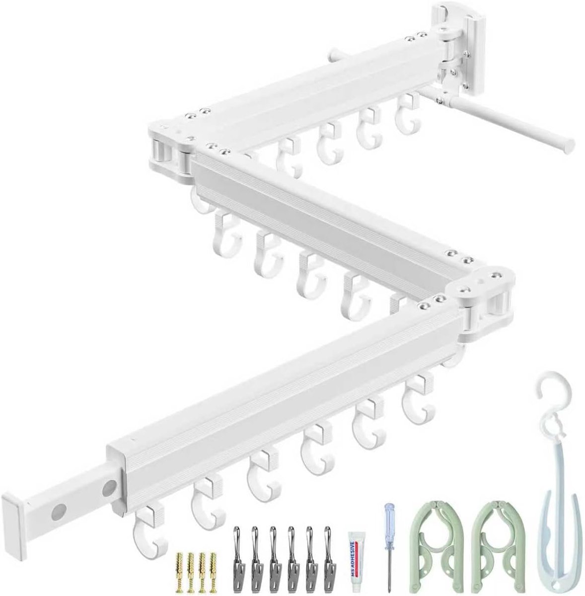 Thijox - Droogrek Wandmontage - Ruimtebesparend 3-voudig Opvouwbaar Uittrekbare Kledingstang met Verlengstang - Aluminium Wandwasdroger met 18 Haken v