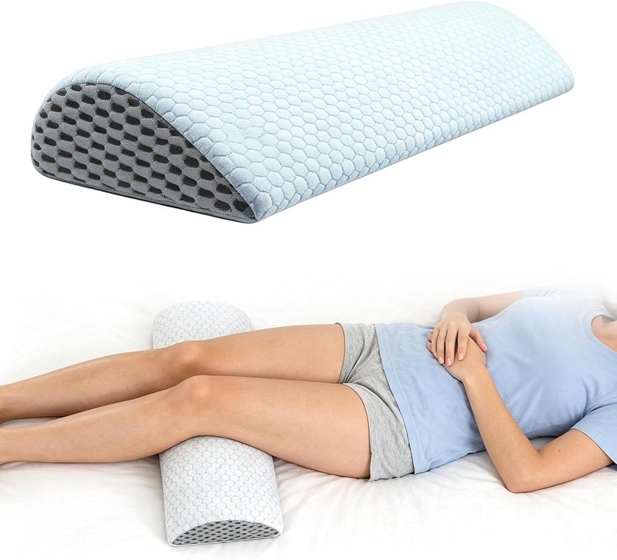 SnelShoppen - Ergonomisch Halfmaan Kussen voor Benen en Knieën, Memory Foam Kniekussen, Lendensteun voor Rug- en Heuppijn, Ademend & Wasbaar, 58x20x7