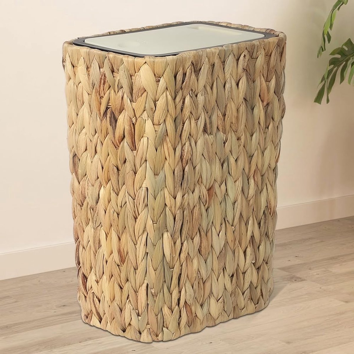 Thijox - Prullenbak Keuken Boho 12 Liter - Pop-up Deksel Vuilnisbak - Rotan Afvalbak voor Badkamer, Kantoor en Keuken - Geurbestendig Beige Smalle Bak