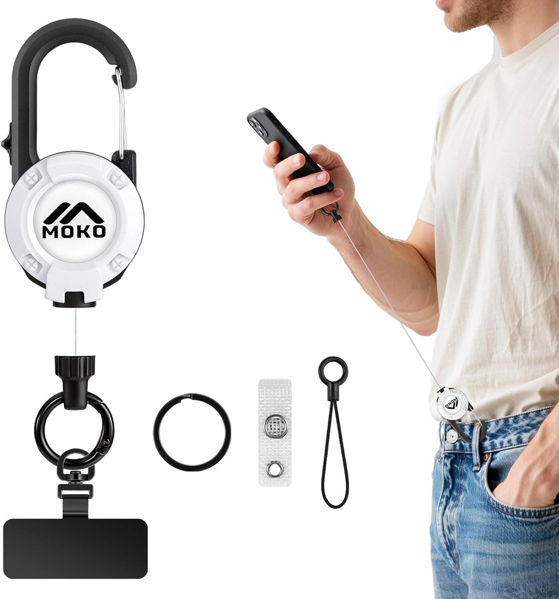 SnelShoppen - MoKo Anti-diefstal Telefoon Lanyard met Retractable en Vergrendelbare Stalen Kabel, 360° Metaal Tether Tab voor Sleutels en Telefoons, I