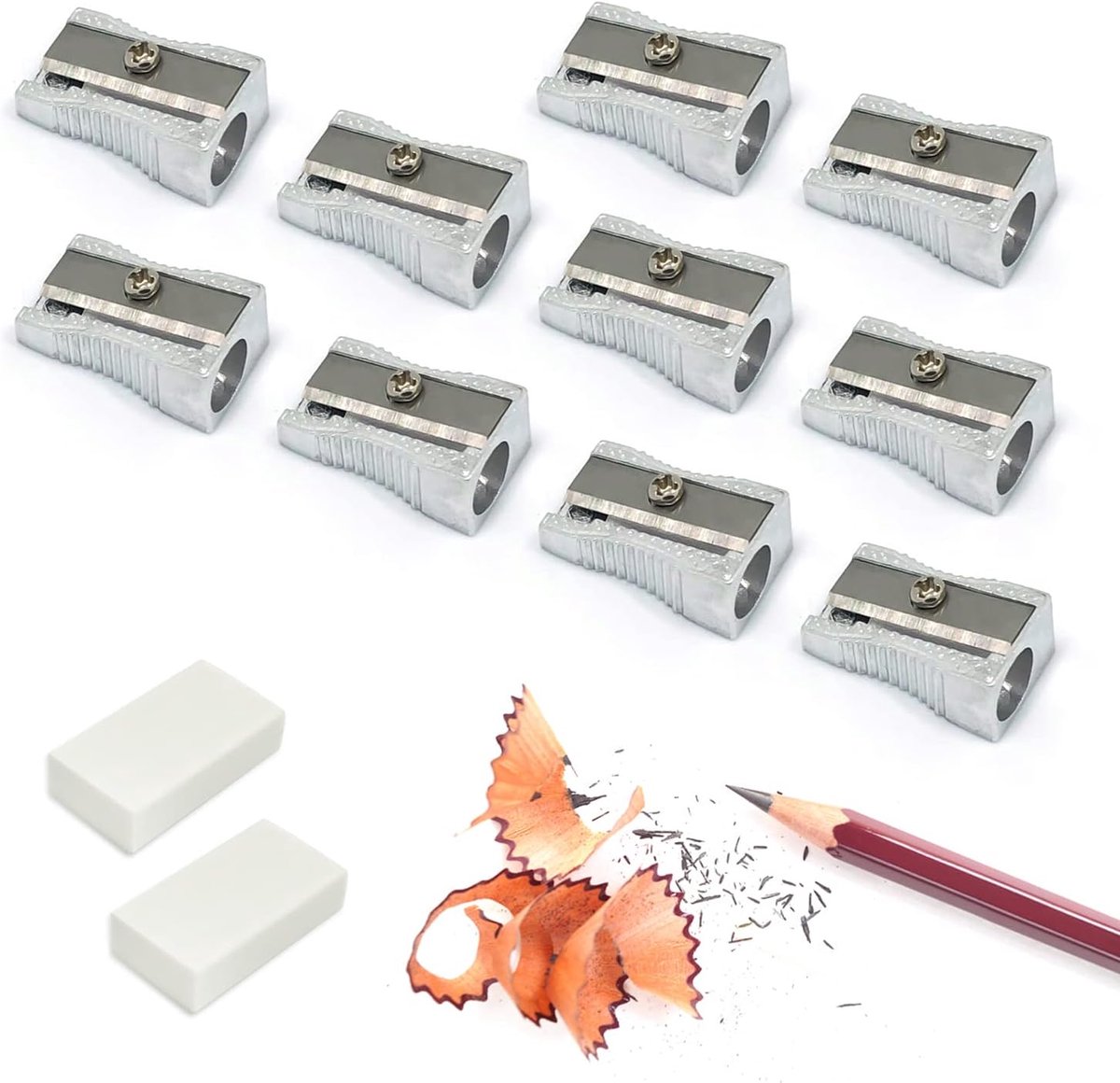 Thijox - 10 stks Aluminium Enkele Gat Puntenslijper met 2 stks Gum, Handheld Puntenslijper voor Schoolbenodigdheden, Kleurpotloden, Schilderen, Wenkbr