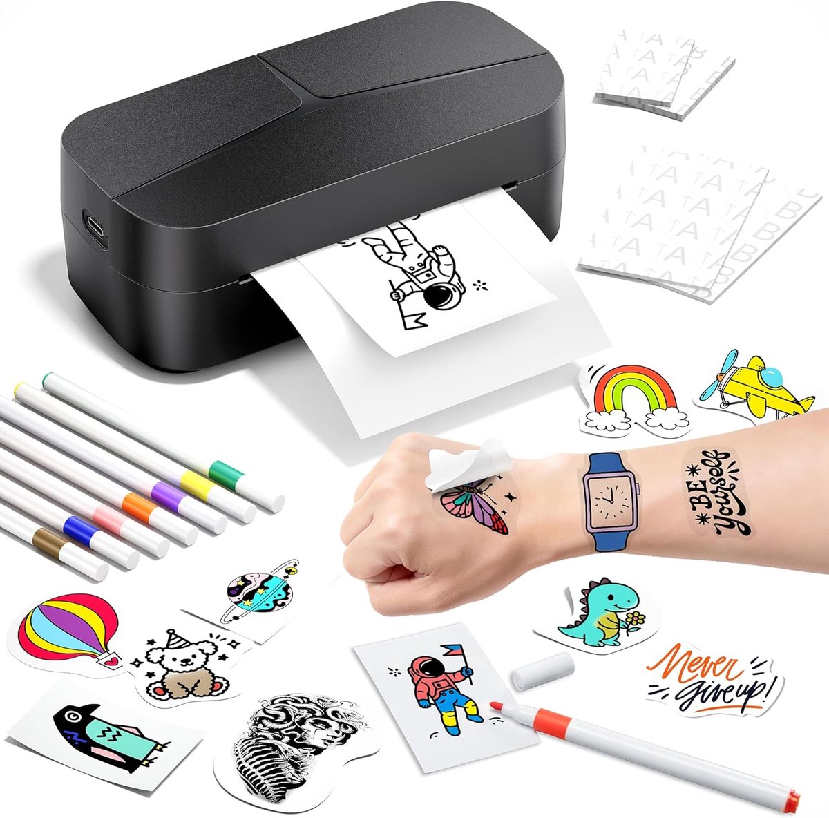 Thijox - Phomemo TK32 Tijdelijke Tattoo Maker voor Kinderen, Mini Tattoomachine Set met 50 Vellen & 8 Kleurrijke Stiften, Creatief Tekenspeelgoed voor