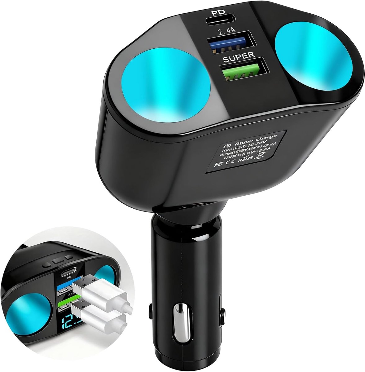 Auto sigarettenaansteker verdeler 5-in-1 - USB C autolader - LED-voltmeter - ShopVlot