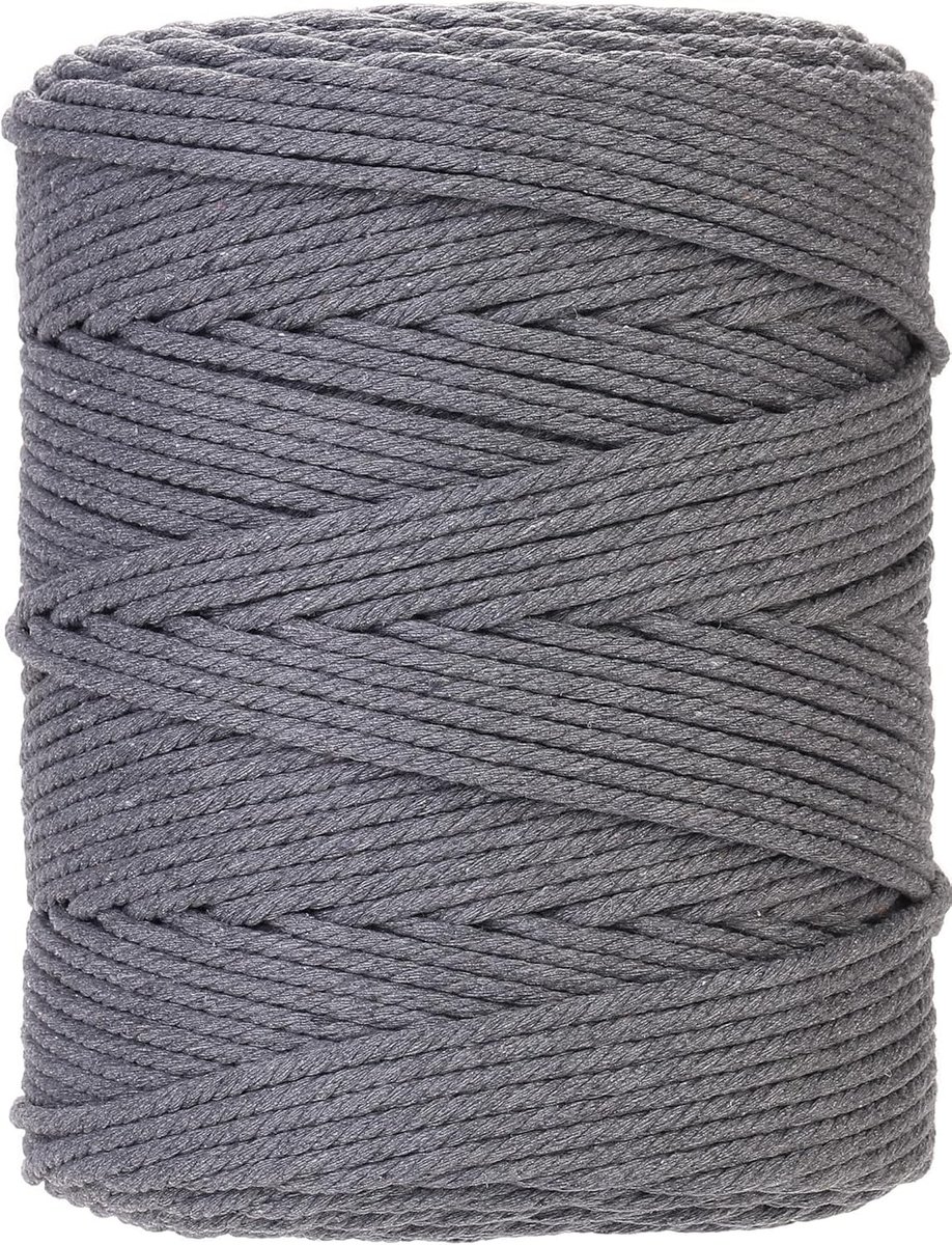 Premium Macrame Touw 4mm x 310m - Zacht Katoen, 4 Strengen Gedraaid, Ideaal voor Macrame Projecten en Handgemaakte Creaties (Donkergrijs)