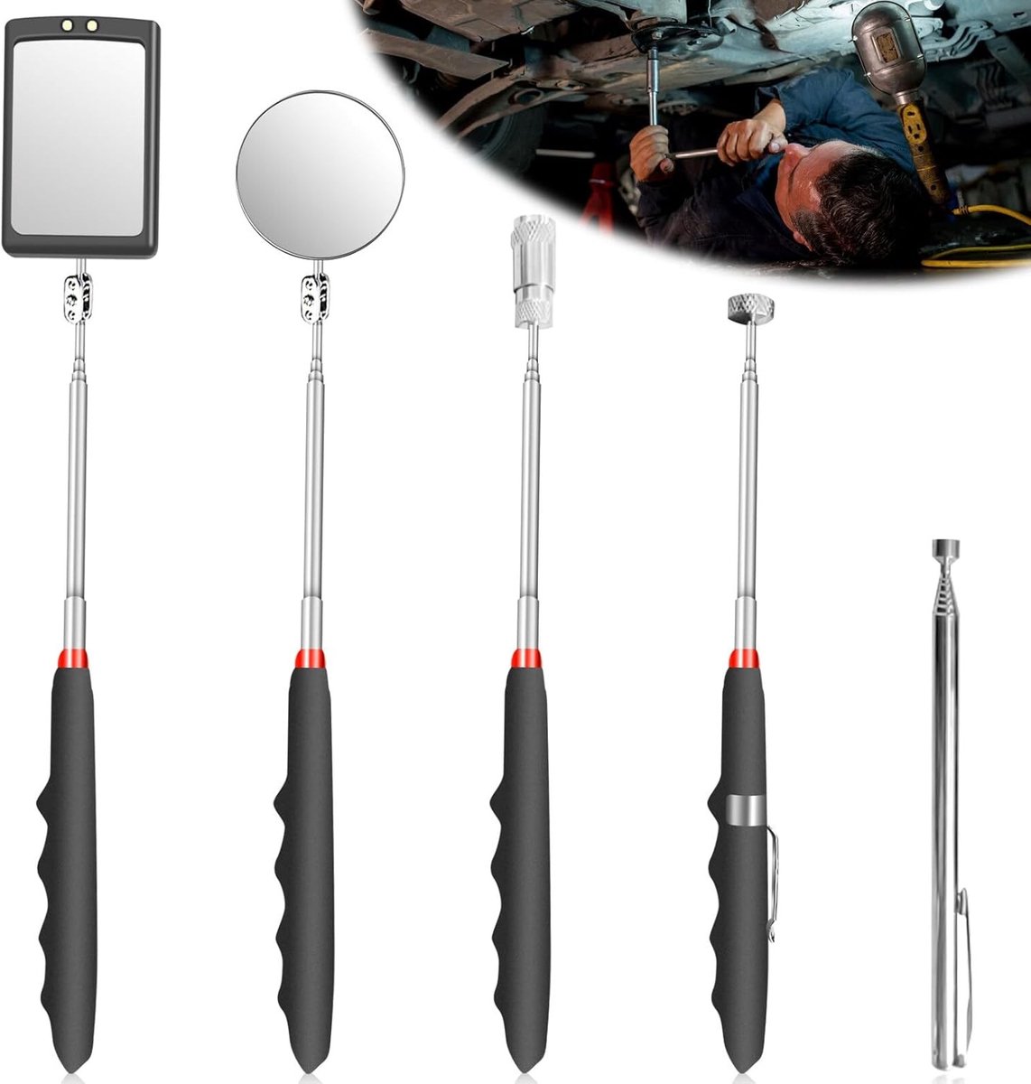 Telescopische Inspect Mirror Set van 5 Stuks - Robuust RVS, Multifunctioneel en Verlicht voor Professionals en Doe-Het-Zelf Klussen