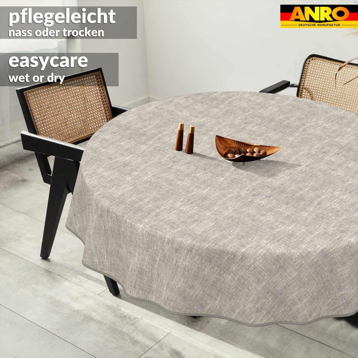 ANRO Tafelkleed Effen linnenlook Grijs Rond Ø100cm Met sierband Afwasbaar Waterafstotend