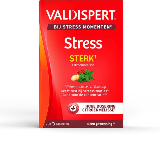 Rode verpakking van Valdispert met tekst: Stress Sterk Citroenmelisse. Met afbeelding van citroenmelisse en gember.