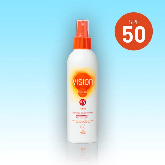 Fles zonnebrand spray SPF 50 van Vision met oranje dop. Tekst "Every day", "Langdurige zonnebescherming".