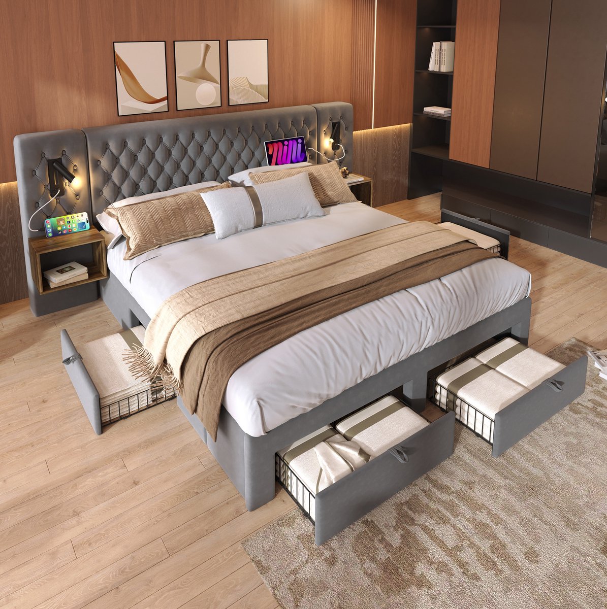 Gestoffeerd Tweepersoonsbed 180x200 cm - Met Leeslamp en USB Oplaadpunt - Met 2 Nachtkastjes en 4 Laden - Fluweel - Grijs - Zonder Matras