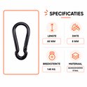 Zwarte karabijnhaak met specificaties: lengte 60 mm, dikte 8 mm, breeksterkte 140 kg, materiaal geanodiseerd staal.