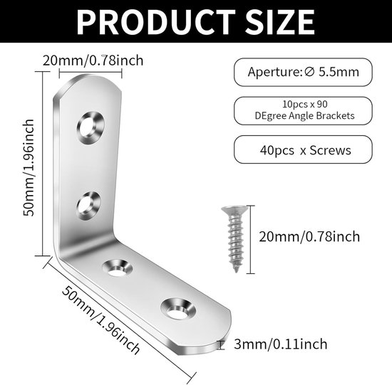 L-vormige hoekbeugels van roestvrij staal 50 x 50 mm met schroeven voor meubels, tafels en kasten, set van 10 — afbeelding 5