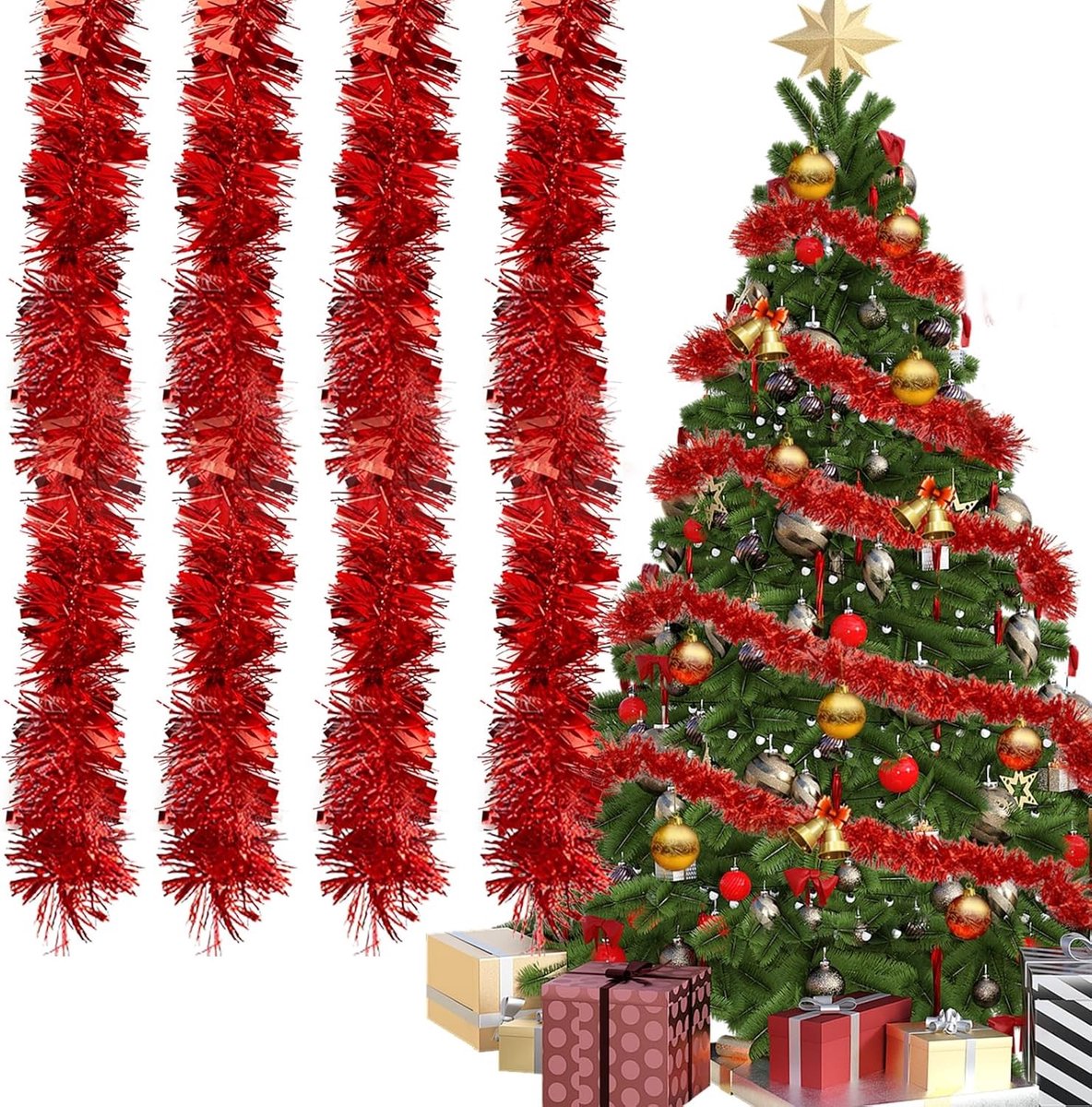 Kerst Lametta Slingers in Rood, 4 x 3 m, Glanzende Decoratie voor Kerstmis, Haard en Trapleuningen, Diameter 9 cm