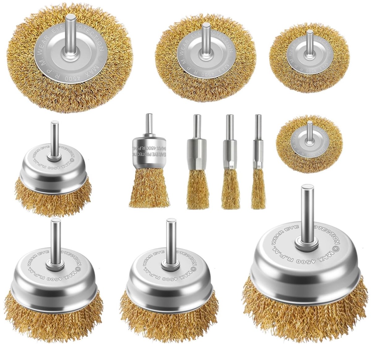 SnelShoppen - Draadborstelset voor Boormachine, 12-delige Messing Gecoate Pot- en Ronde Borstelset, Roest- en Kleurverwijdering met 1/4 Inch Zeskantsc
