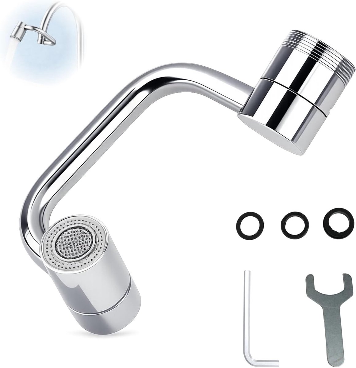 Draaibare verlengkraan met 1080° beluchter voor keukenkranen, twee straalsoorten en adapter 20/22/24 mm