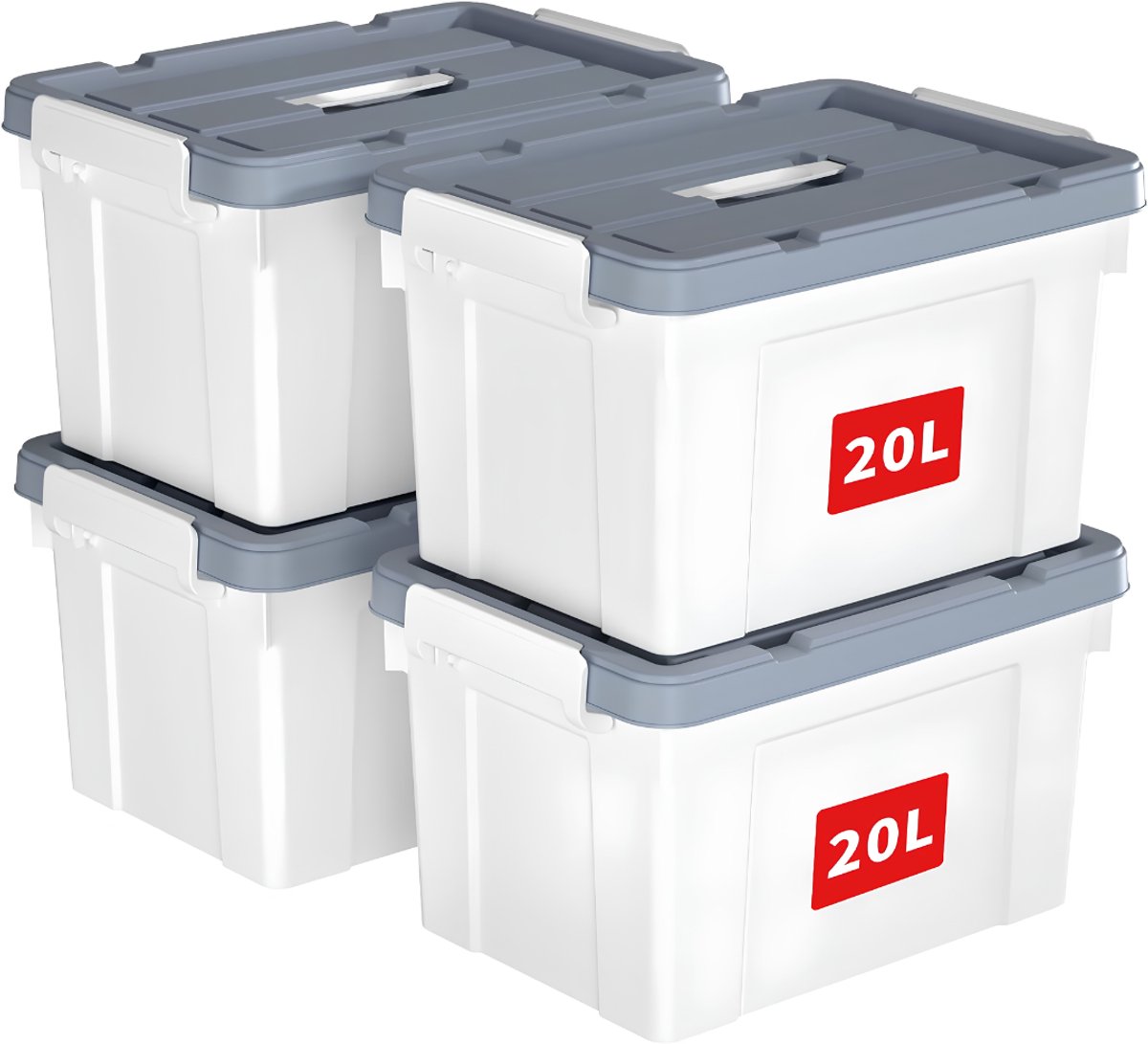 SP® Opbergbox - 4 Opbergdozen - Plastic Opbergdoos met Deksel - Wit en Grijs - 42cm x 30cm x 25cm
