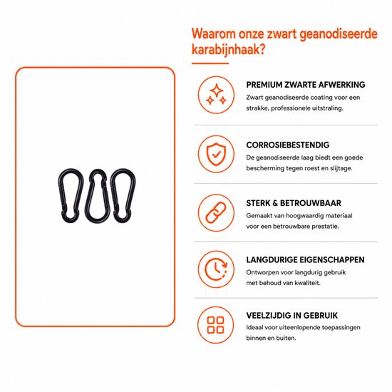Drie zwarte karabijnhaken met premium zwarte afwerking, corrosiebestendig, sterk, betrouwbaar en veelzijdig in gebruik.