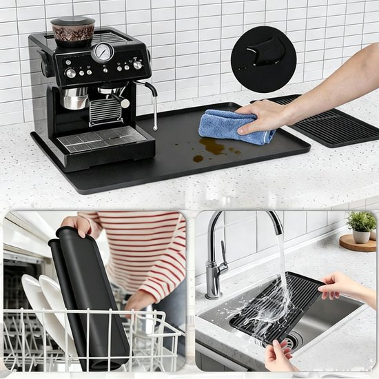 Zwarte siliconenmat met koffiezetapparaat, demonstratie van schoonmaken en vaatwasmachinebestendigheid.