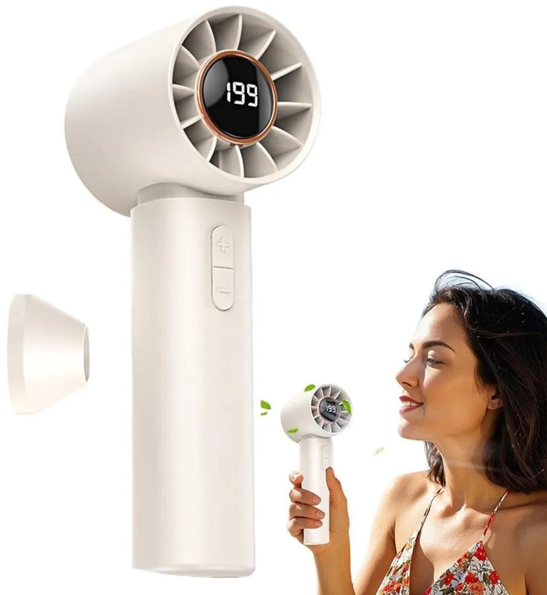 Handventilator, draagbare miniventilator, instelbare windsnelheid van 1 tot 199 standen, LED-display, tot 13 uur batterijduur, kleine USB-ventilator, ingebouwde batterij, Geschikt voor reizen en buitenactiviteiten.