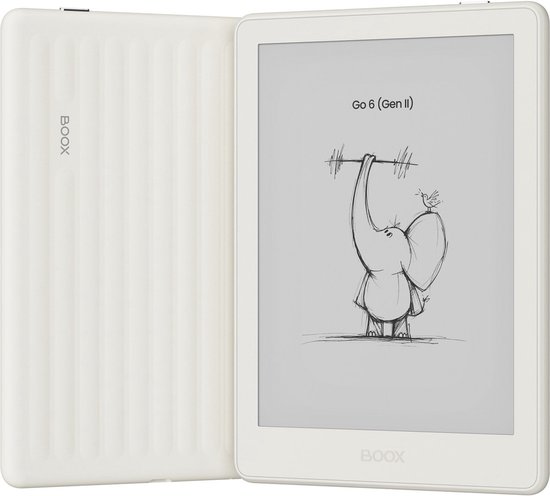 Witte BOOX e-reader, open met ribbelpatroon aan de achterkant. Scherm toont 'Go 6 (Gen II)' met olifant-tekening.