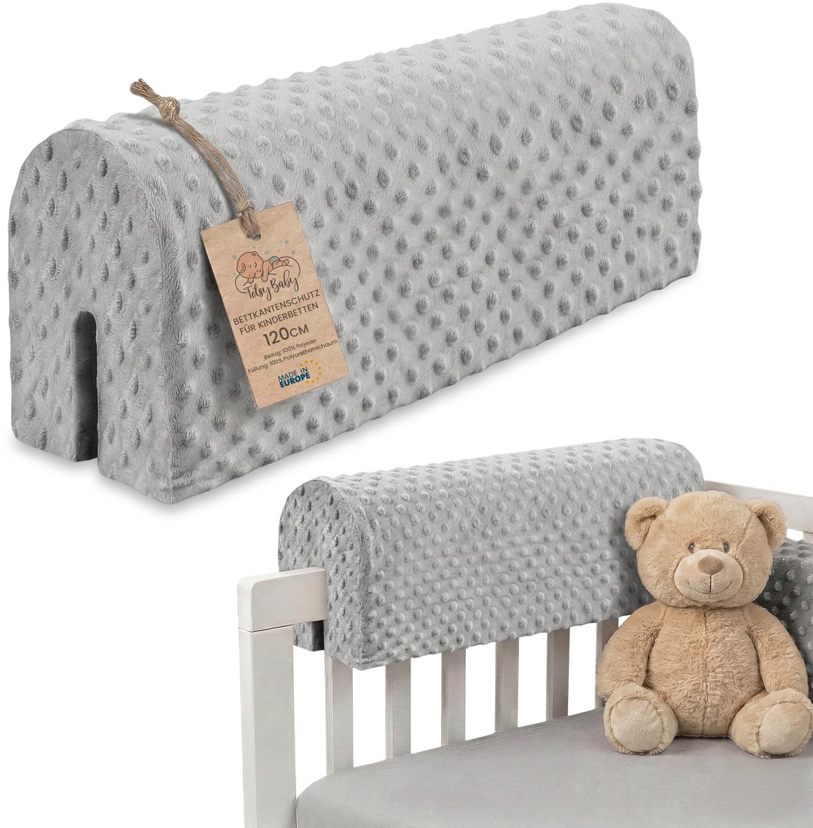 Bedrandbescherming voor kinderbedden 120 cm - bescherming voor bedframe babybed valbescherming voor boxspringbed bedrail met hoesrandbescherming kinderbabybedje Oeko-Tex Lichtgrijs