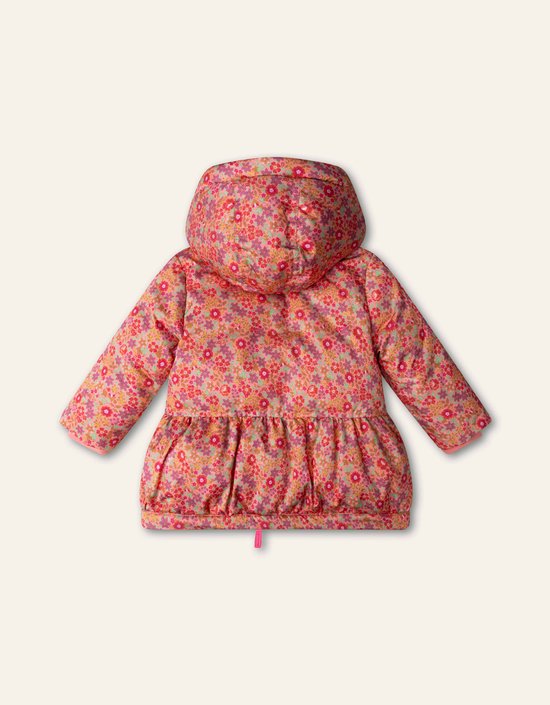 Achterkant van de roze Oilily bloemenjas met capuchon en een sierlijke geplooide zoom.