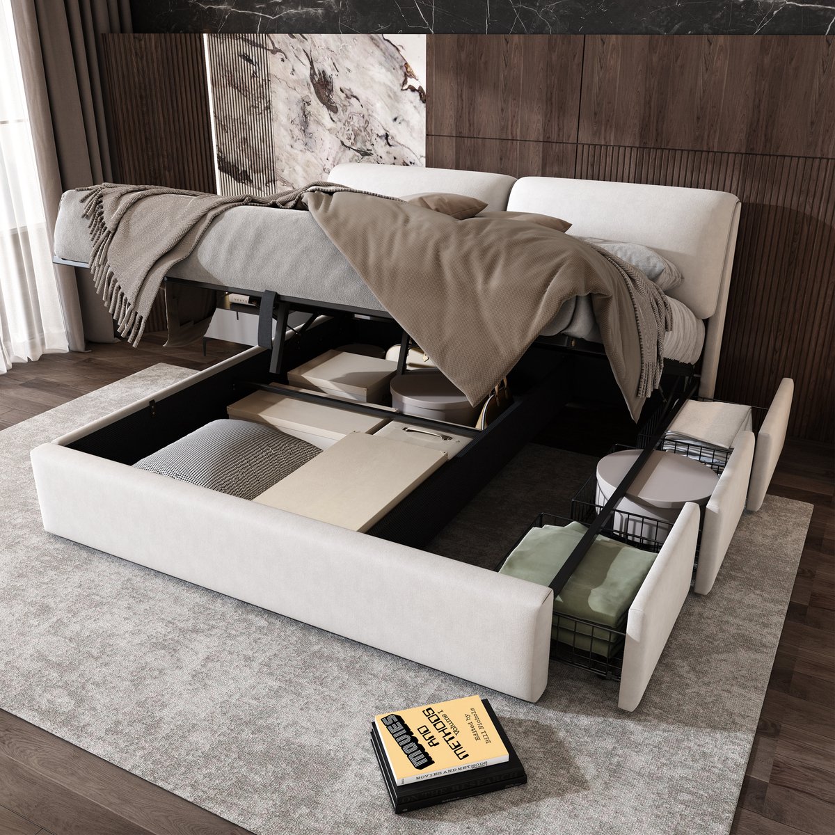 STILVORA Gestoffeerd Bed 160x200 cm – Hydraulisch Opbergbed Met Verstelbaar Hoofdbord – Drie Lades – Tweepersoonsbed Van Fluweel – Beige – Zonder Matras