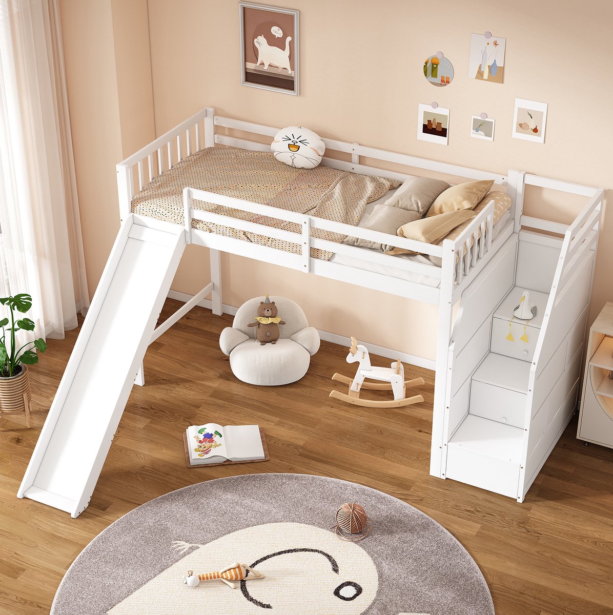 STILVORA Hoogslaper 90x200 cm – Met Glijbaan En Opbergleider – Afneembare Uitvalbeveiliging – Kinderkamer – Hout En MDF – Wit – Zonder Matras