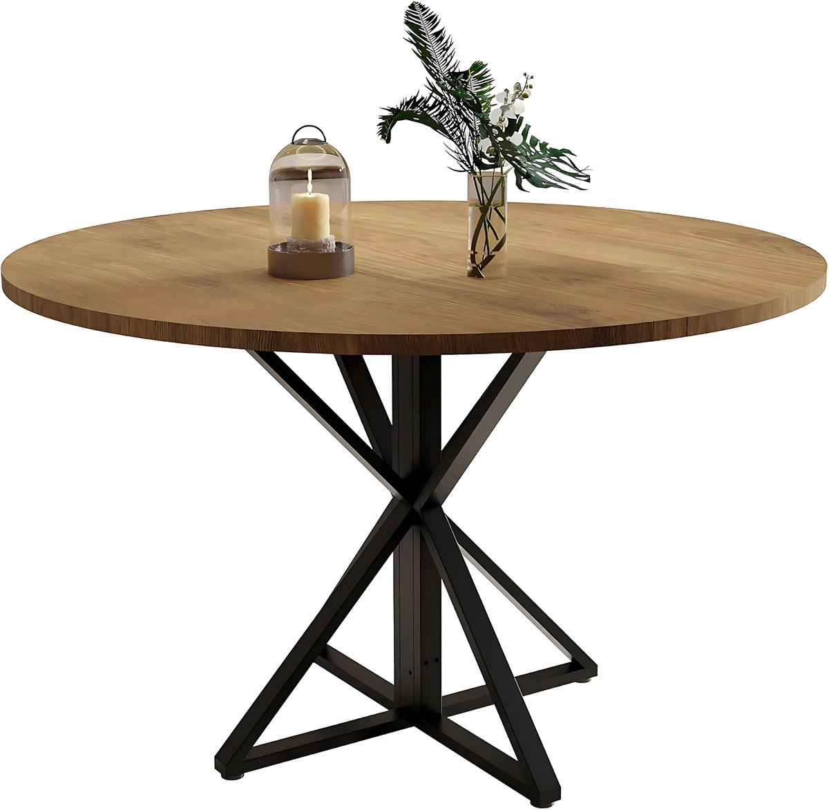 Ronde eettafel - Houten blad, stevig metalen voet, landelijke stijl - voor 4 personen eetkamer, keuken, woonkamer - 119 cm, bruin