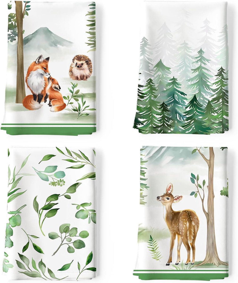 Thijox - Kerst Keukendoeken 4 Stuks, Multifunctionele Theedoeken 100% Katoen met Jungledieren Patroon, Keukenhanddoeken 48 x 70 cm voor het Hele Jaar
