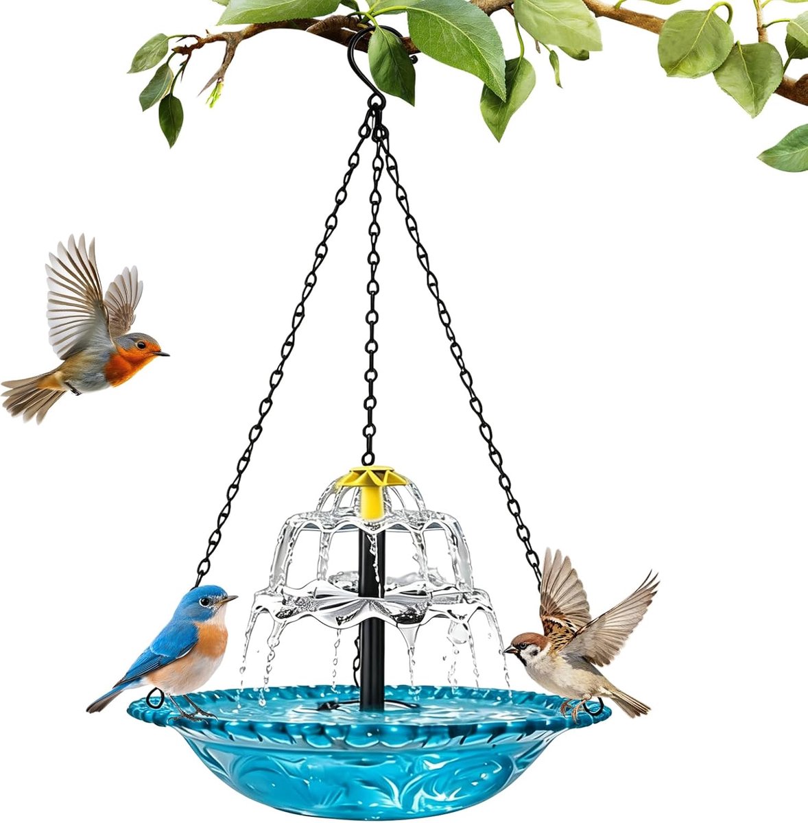 Thijox - Vogelbad Hangend met Zonne-energie en Fontein, Drie Niveaus, Metalen Kettingen, Blauw, Ideaal voor Tuin en Balkon, Lokt Kleine Vogels, Decora