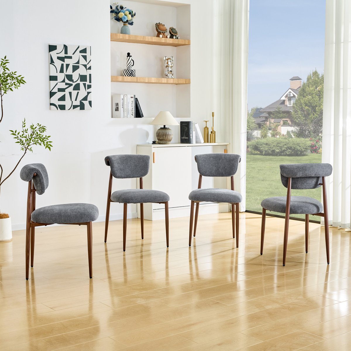 STILVORA Eetkamerstoel - Set Van 4 - Gebogen Rugleuning En Gewatteerde Zitting - Voor Eetkamer En Keuken - Linnenlook Stof Grijs